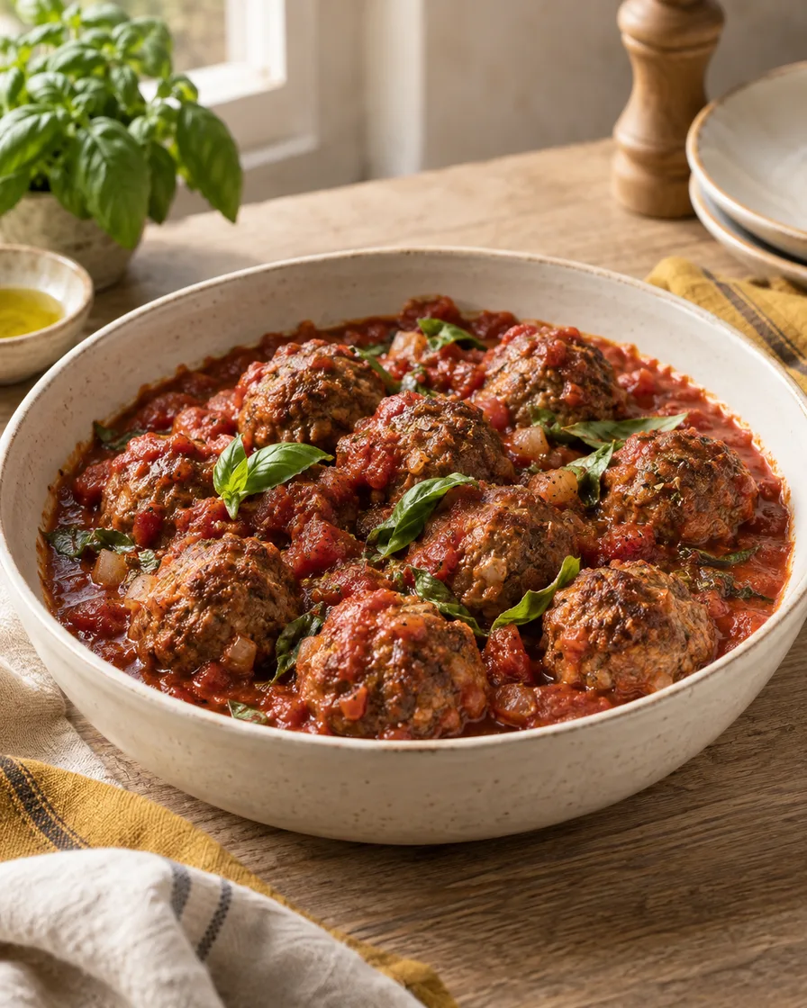 Beef meatballs with basil tomato sauce - AI-generated serving suggestion